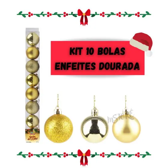Kit 10 Bolas Enfeite Árvore De Natal Decoração Natalino Dourado