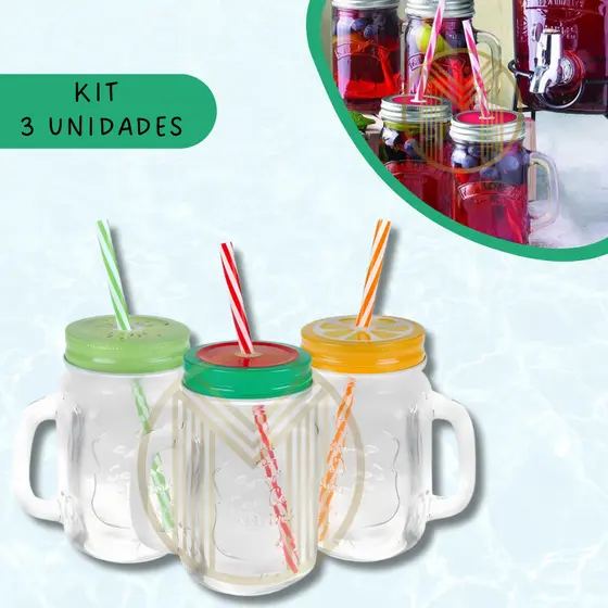 Kit 3 Canecas Fruta Vidro C/canudo Drink Melancia Laranja Kiwi