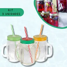 Kit 3 Canecas Fruta Vidro C/canudo Drink Melancia Laranja Kiwi