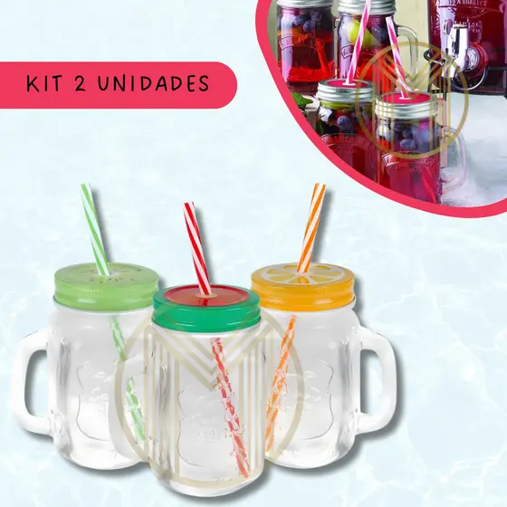 Kit 2 Canecas Vidro C/ Canudo Drink Frutas Melancia Kiwi Laranja