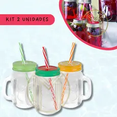 Kit 2 Canecas Vidro C/ Canudo Drink Frutas Melancia Kiwi Laranja