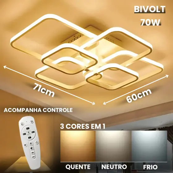 Lustre Sala de Jantar Moderno Led Luminária 6 Quadrados 3 Tons Nitro 70cm Cor Dourado 110v/220v