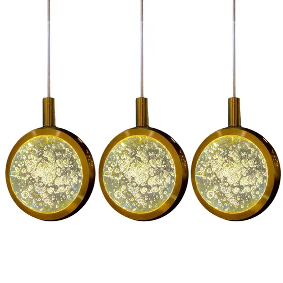 Kit 3 Luminárias Pendentes Saturno LED Dourado Cristal Bolhas Luxo Sala Lavabo Hall Pé Direito
