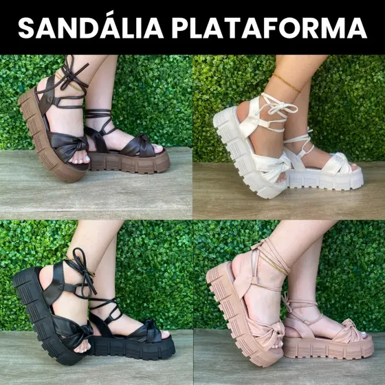 Sandalia Plataforma Flatform de Amarrar na perna Moda Verão Sandalia Flat de Amarração Salto alto Preto Branco