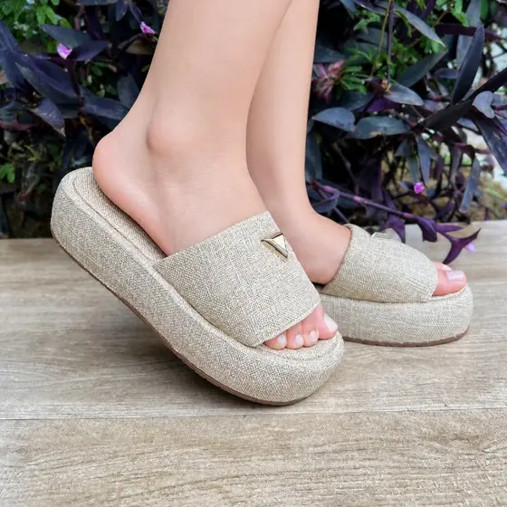 Tamanco Feminino Flatform Plataforma Fashion Confort  Moda Pirâmide Palha Tendencia Juta Linho