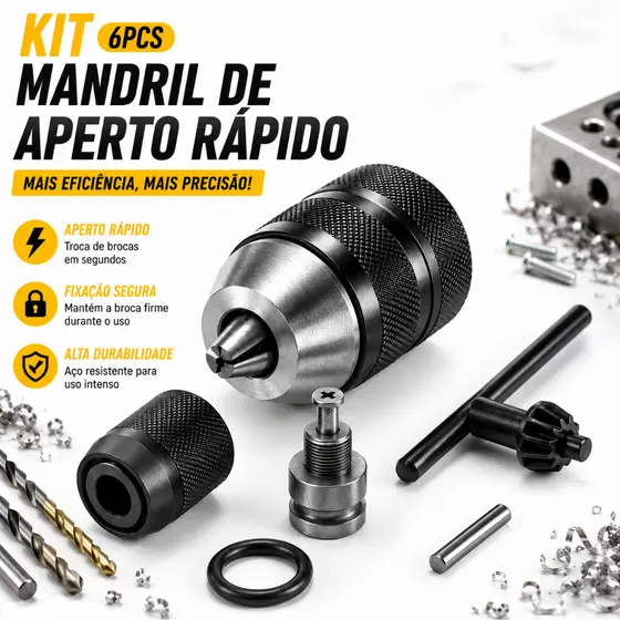 Kit6 Mandril com Chave +  Haste Soquete Adaptador Quadrado Chave De Impacto 1/2Pol Bits 1/4 Engate Rápido Parafusadeira
