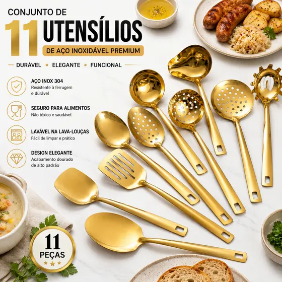 Kit 11 Peças Utensílios de Cozinha Dourado aço inoxidável Espátula Colher Concha Escumadeira Pegador de Pizza
