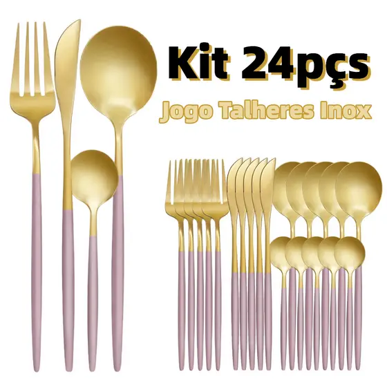 Kit 24 Pçs Talheres Cozinha Garfo Faca Colher Aço Inox Rosa Dourado Preto Dourado