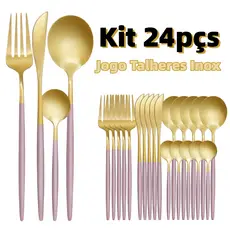 Kit 24 Pçs Talheres Cozinha Garfo Faca Colher Aço Inox Rosa Dourado Preto Dourado