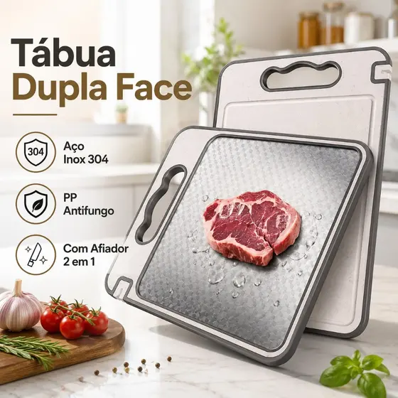 Tábua de Corte Cortar Carne Placa Dupla Face Higiênica em Aço Inox e PP com Afiador e Alça