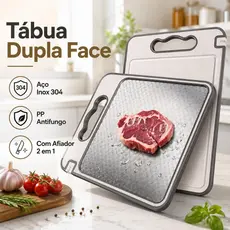 Tábua de Corte Cortar Carne Placa Dupla Face Higiênica em Aço Inox e PP com Afiador e Alça