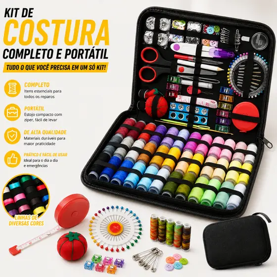 Kit de Costura Portátil 229/128 Peças para Viagem e Uso Doméstico, Estojo Organizador com Agulhas e Linhas
