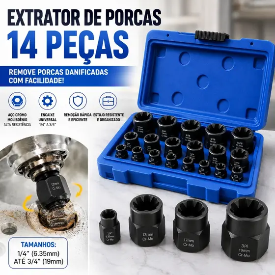 Kit 14 Peças Extração De Parafuso E Porca De Impacto Pronta