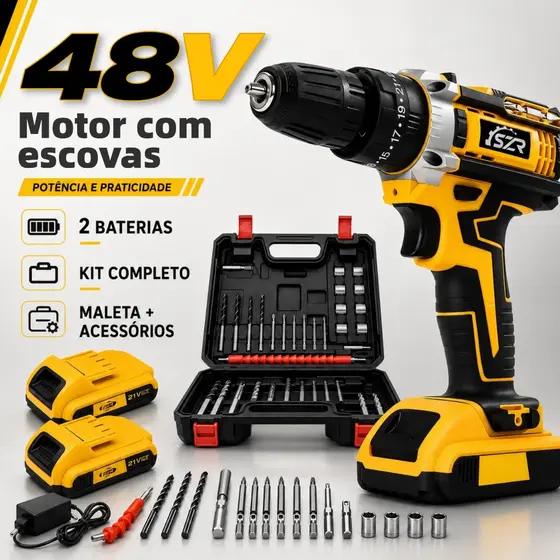 Kit Parafusadeira Furadeira 48V Sem Fio Profissional com 2 Baterias, Maleta e 24 Peças de Acessórios