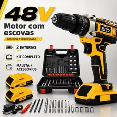 Kit Parafusadeira Furadeira 48V Sem Fio Profissional com 2 Baterias, Maleta e 24 Peças de Acessórios