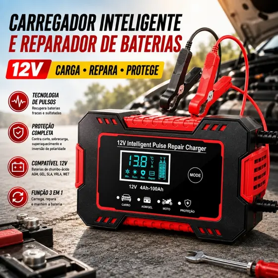 Carregador de bateria automotivo inteligente 12V com Display Digital Automático Energia Reparação Puls