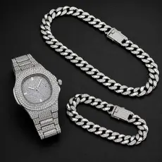Relógio De Céu Estrelado Masculino Com Pulseira Corrente Cravejada Pulseira Masculina Cadeia Cubano Corrente Relogio Kit