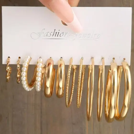Conjunto de brincos de 6 peças em ouro argolas grandes cravejadas com pérolas elegante presente de joalheria feminina
