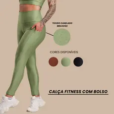 Calça Legging Fitness Feminina Com Bolso Cabe Celular Canelado Brilhoso Cintura Alta Academia Brilho