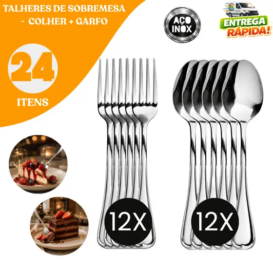Jogo de 12/24/48 Talheres de Sobremesa Garfo Colher Mesa Aço Inox Doce Doceria Restaurante Buffet