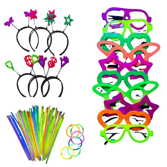 Kit Balada Festa Neon Casamento 140 Peças Pulseira Neon, Óculos, Tiara - Adereços Divertidos