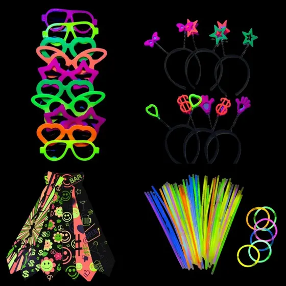 Kit Balada Festa Neon 130 peças 100 Pulseira, 10 Óculos, 10 Tiaras, 10 Gravatas Casamento Divertido