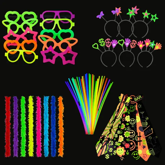 Kit Balada Festa Neon Casamento 160 Peças 100 Pulseiras, 20 Óculos, 20 Tiaras, 10 Gravatas, 10 Marabus - Adereços