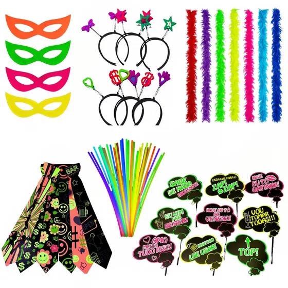 Kit Balada Festa Neon 150 Peças Pulseira, Máscaras, Tiaras, Gravatas, Plaquinhas, Marabus - Adereços Carnaval Casamento