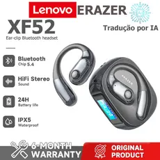 1 ano de Lenovo ERAZER XF52 AI Tradução Headset LED Fone de ouvido esportivo sem fio Bluetooth 5.4 AI Fone de o