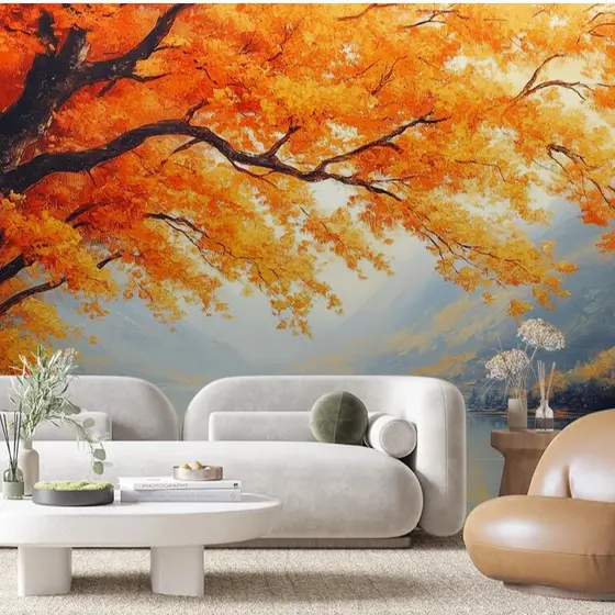 Papel de Parede Para Quarto Papel de Parede Para Sala Rio Arvore de Outono Adesivo Lavavel 3D