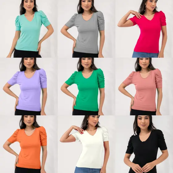 LXC Blusa feminina t-shirts manga princesa bufante curta gola v fashion promoção