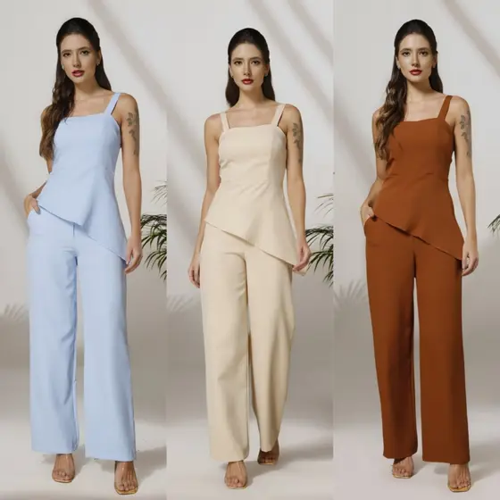 Lxc Conjunto de Blusa de Alça Grossa e Calça Elegante Feminina Social Alfaiataria Casual