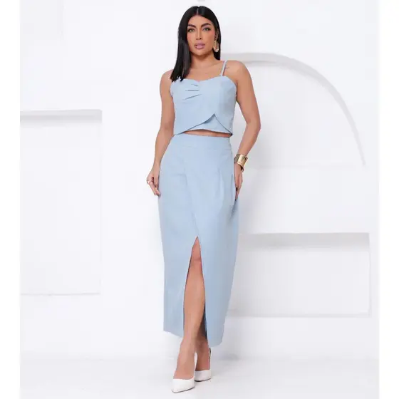 Conjunto Elegante Alfaiataria Saia Longa Fenda Frontal E Cropped Drapeado Regulável
