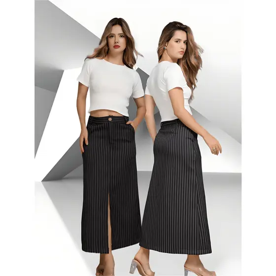LXC Saia longa listrada  Monocromática em Alfaiataria, com Bolsos Laterais e Detalhes em Zíper e Botão,vestido longo elegante