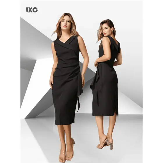 Vestido Midi Alfaiataria Elegante com Drapeado Lateral Social