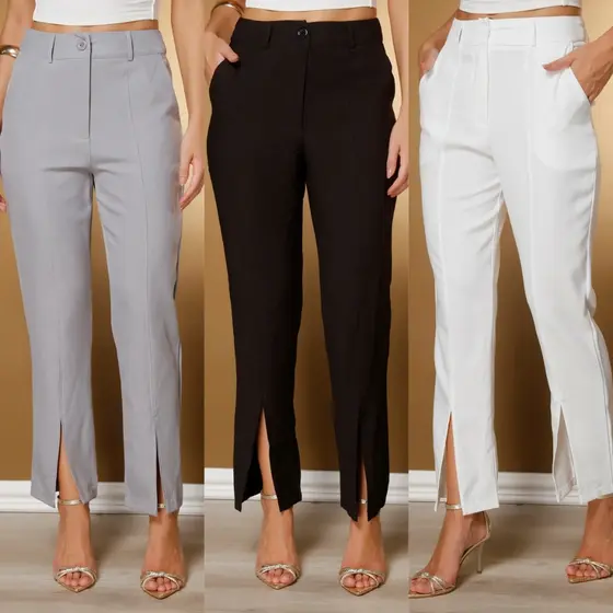 LXC Calça Moda Casual tecido twill feminina com abertura na barra