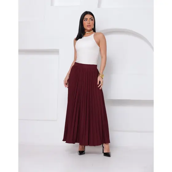 Saia Plissada Longa de Alfaiataria de Alto Padrão Elegante Casual Evangélica