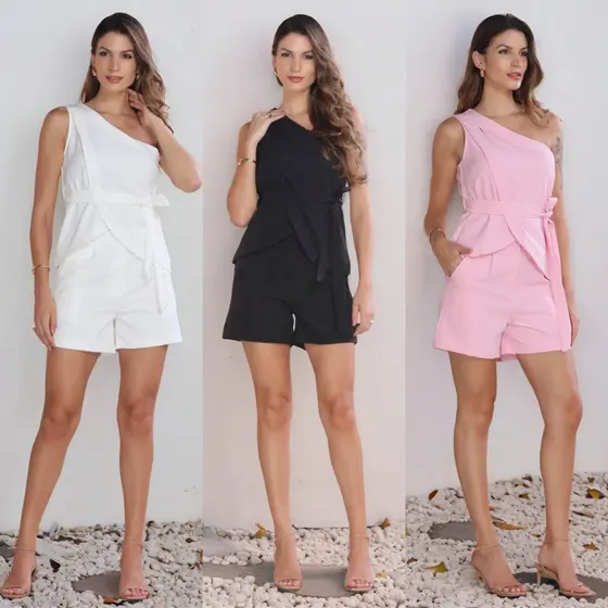 Conjunto Alta Alfaiataria Oxford de Shorts e Blusa Nula Manga Com Faixa Lateral Social Elegante