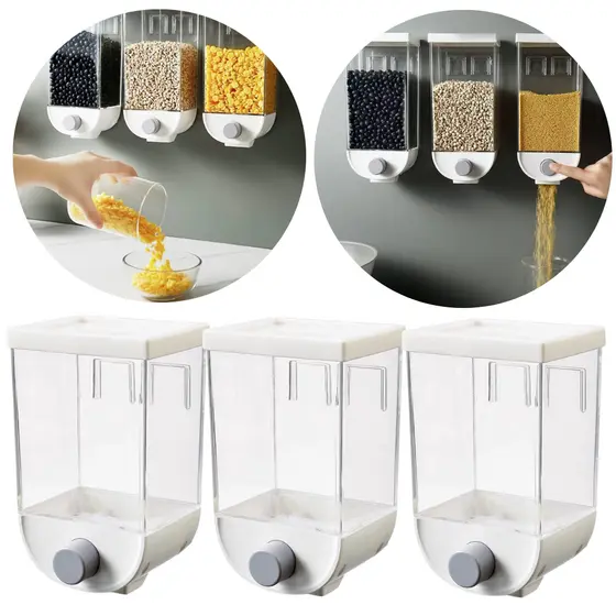 Kit 3 Organizadores Dispenser Suspenso Parede Com Botão Dosador Multiuso Porta Grãos Cozinha