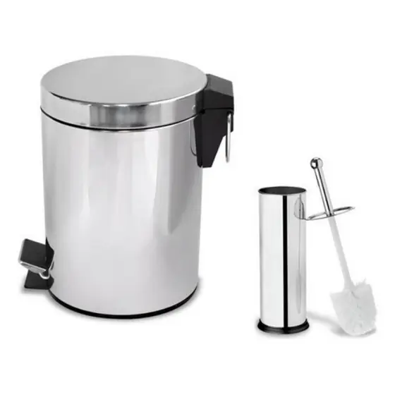 Kit Lixeira 5L Inox + Escova Sanitária Inox | Lixeira com Pedal + Escova Banheiro Premium