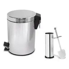 Kit Lixeira 5L Inox + Escova Sanitária Inox | Lixeira com Pedal + Escova Banheiro Premium