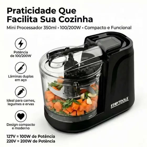 Mini Processador Elétrico 350ml Portátil 100/200W Tritura Alho Carne Legumes Rápido Cozinha Prático