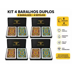 Kit 4 Baralhos Duplos  100% Plástico Com  Estojo Premium - 8 Baralhos