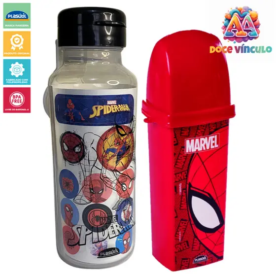 kit Garrafinha De Água 600 ml e Porta Escova de Dentes Homem Aranha Garrafa Com Adesivos Plasútil