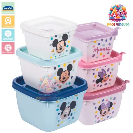 Potes de Plástico Kit 3 Peças Mickey Minnie Baby Infantil Conect Papinha Lancheira Volta as Aulas