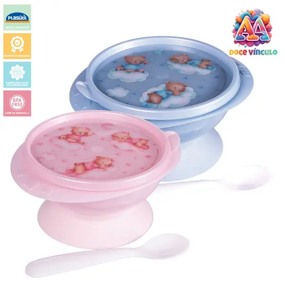 Prato Infantil Tigela Papinha com Ventosa e Tampa 240 ml Urso e Ursa Baby - Plasutil