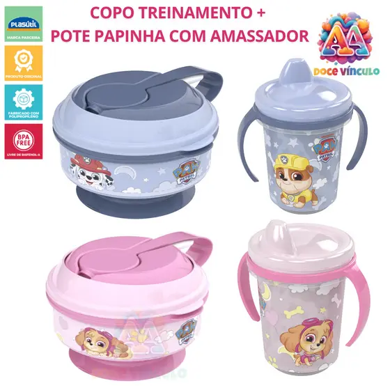 Kit Copo Treinamento Bebê e Pote Papinha com Amassador Alimentação Infantil BPA Free Patrulha Canina