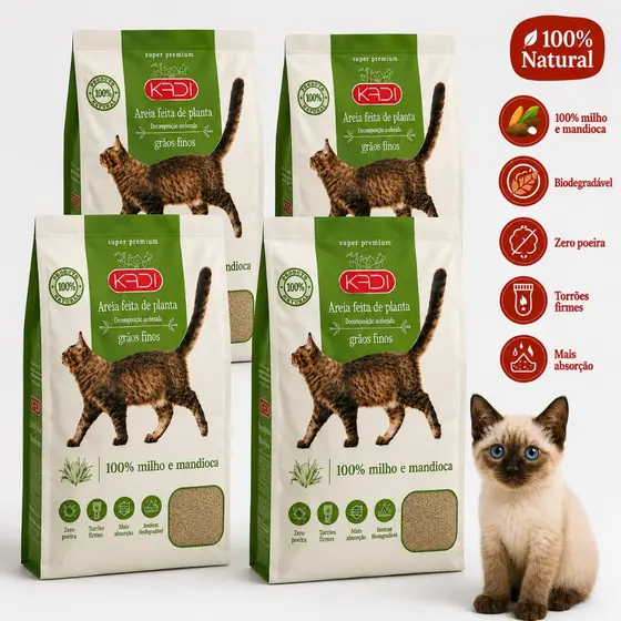 Areia Biodegradável para Gatos Grãos Finos Super Absorção Zero Odor Higiênica 4 a 12kg