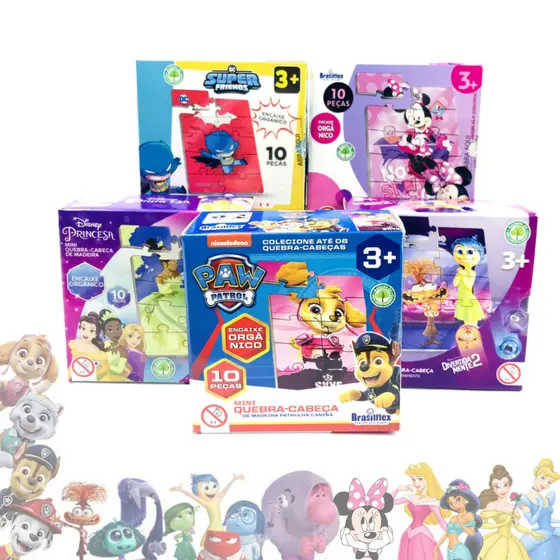 Kit 6 Mini Quebra Cabeça Divertidamente Patrulha Canina Princesas da Disney Super Friends DC Minnie