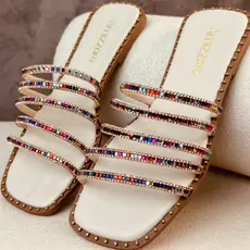 Sandália Rasteirinha Feminina Tira de Strass Colorido Elegante Confortável Lançamento Amizzara